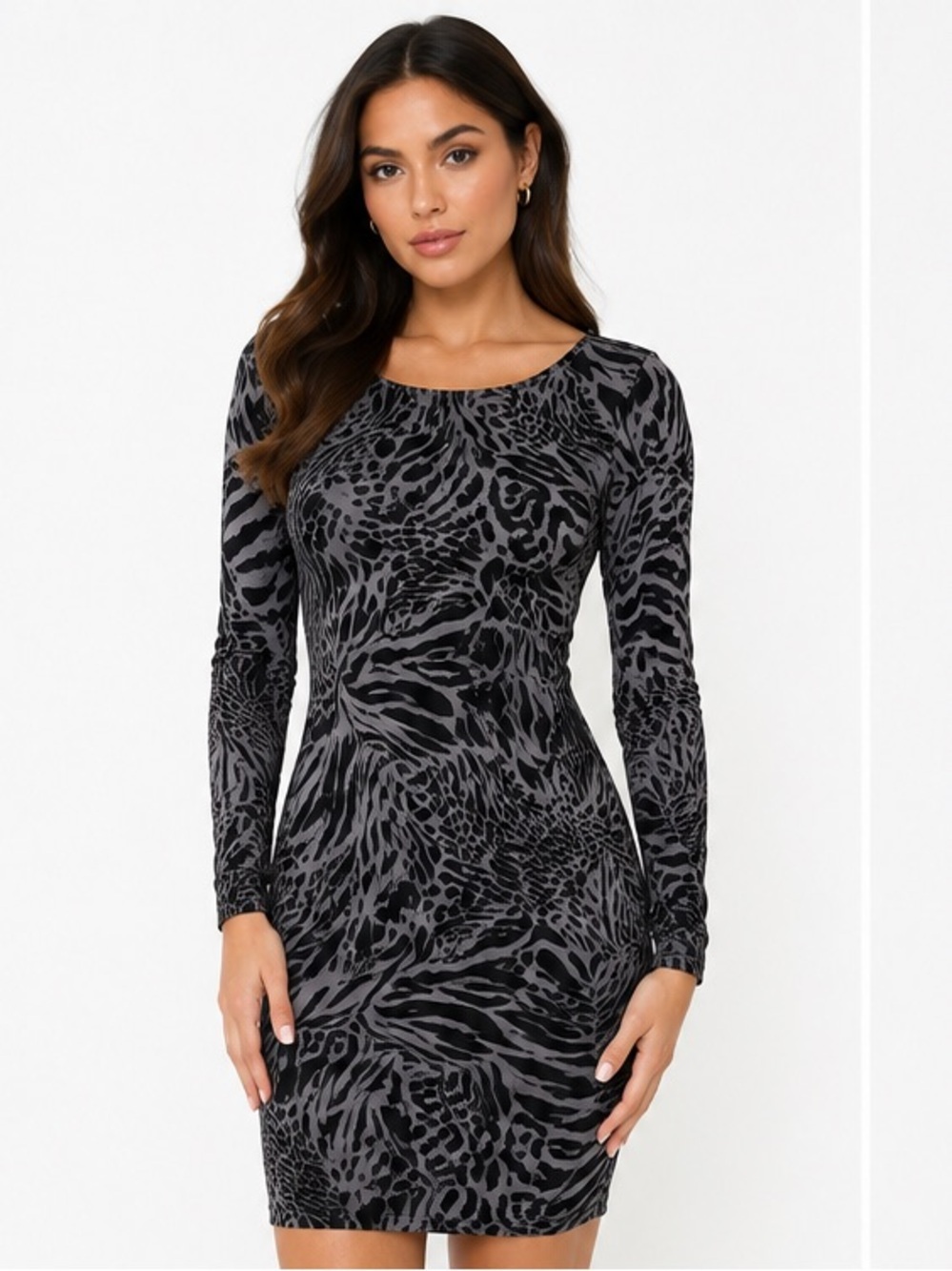 Alice + Olivia Black and Gray Long-Sleeve Animal Print Bodycon Dress